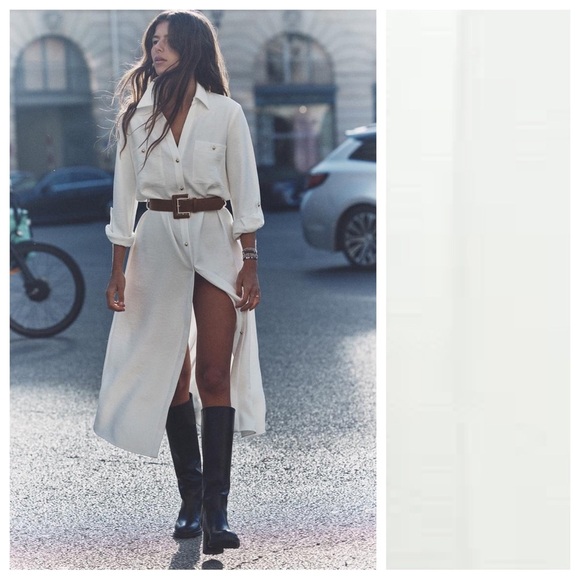 NWT. Zara Oyster-White Midi Dress with Belt. Size L. - Picture 3 of 11